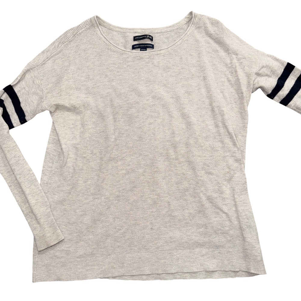 American Eagle AHH-mazingly Soft Sweater Womens Small Gray Navy Striped Sleeve